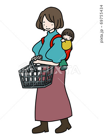 小さい子どもをおんぶしながら買い物をする女性の手描きイラストのイラスト素材