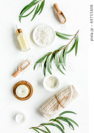 Spa concept with eucalyptus oil and eucalyptus leaf extract natural organic spa cosmetics products eco friendly bathroom accessories.Skincare concept  69755806