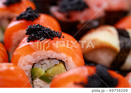 Assortment of maki, gunkan and nigiri sushi rolls 69756209