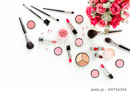 Professional decorative cosmetics, makeup tools on white background. Flat composition beauty, fashion. flat lay, top view 69756364