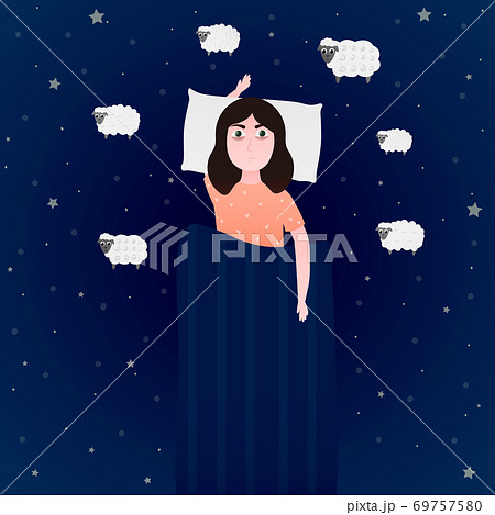 Little girl suffering from insomnia, counting sheeps and trying to fall asleep, health disorder Little girl suffering from insomnia, counting sheeps and trying to fall asleep, health disorder 69757580