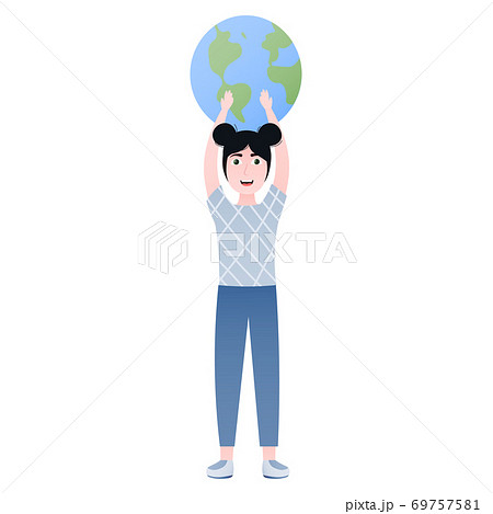 Earth day illustration, cute girl hlding solar planet, saving from pollution and damage, educational poster Earth day illustration, cute girl hlding solar planet, saving from pollution and damage, educational poster 69757581