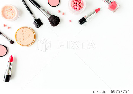 Professional decorative cosmetics, makeup tools on white background with copy space for text. Flat composition beauty, fashion. flat lay, top view 69757754