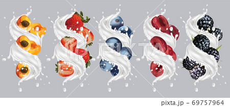 Milk splash on fruit and berry. Realistic apricot, strawberry, black raspberry, blueberry, cherry. Tasty fruit yogurt. Vector illustration Milk splash on fruit and berry. Realistic apricot, strawberry, black raspberry, blueberry, cherry. Tasty fruit yogurt. Vector illustration 69757964