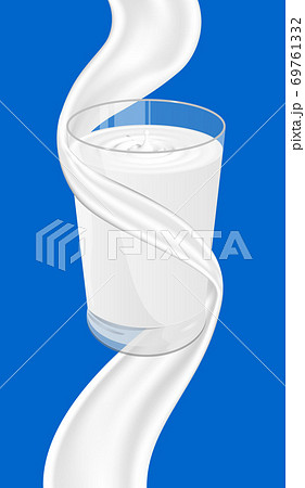 Delicious milk in a realistic glass. Milk or cream swirl pouring down isolated on a blue background. Elements for various design needs. Delicious milk in a realistic glass. Milk or cream swirl pouring down isolated on a blue background. Elements for various design needs. 69761332