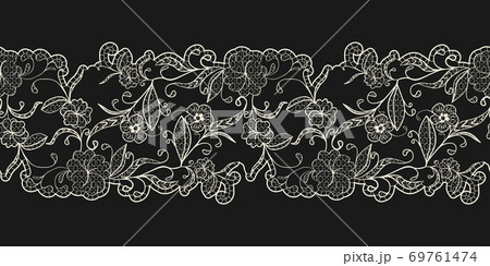 White lace on a black background. Horizontal seamless pattern. Openwork ribbon border. 69761474