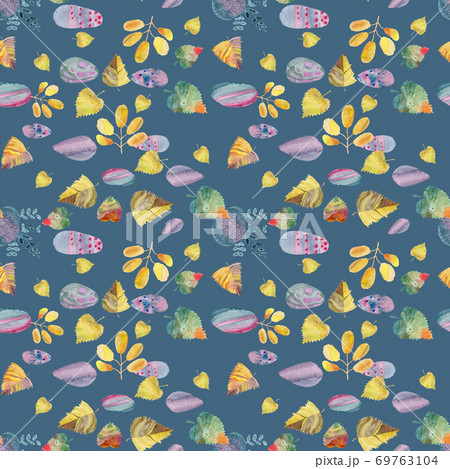Seamless pattern digital paper background autumn yellow fallen watercolor leaves 69763104