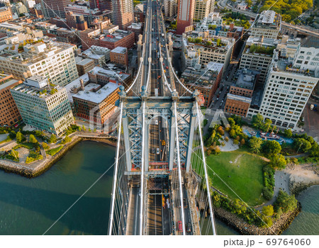 Beautiful view to Manhattan bridge New York City awesome wide angle upward view. 69764060