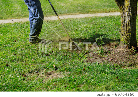 The gardener man mows the grass with a hand lawn mower. The gardener man mows the grass with a hand lawn mower. 69764360