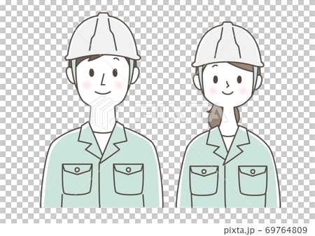 Men and women in work clothes smile Men and women in work clothes smile 69764809