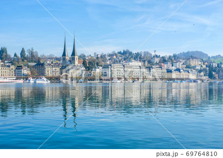 Panoramic view of Lucerne with famous Chapel Bridge and lake Lucerne ,Switzerland 69764810