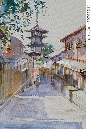 京都 町並み 水彩画風景画のイラスト素材