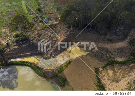 A creek running through a forest of green trees in the sunshine 69765334
