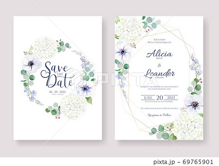 Wedding Invitation Card Set 白紫陽花とアネモネ花 結婚式招待状 のイラスト素材