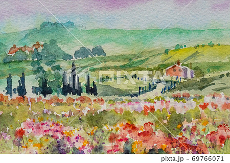 ヨーロッパの小さな村 水彩画 風景画のイラスト素材 [69766071