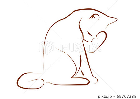 顔を洗う猫の線画イラストのイラスト素材