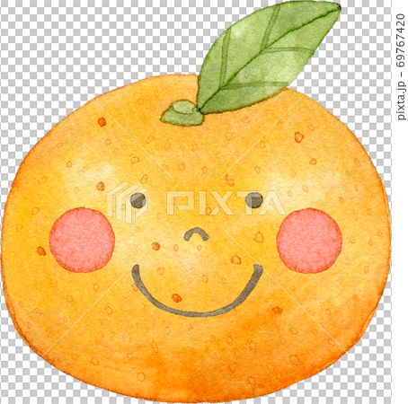Watercolor illustration of a cute tangerine character with leaves (with face) 69767420