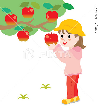リンゴ狩りをする女の子のイラスト素材