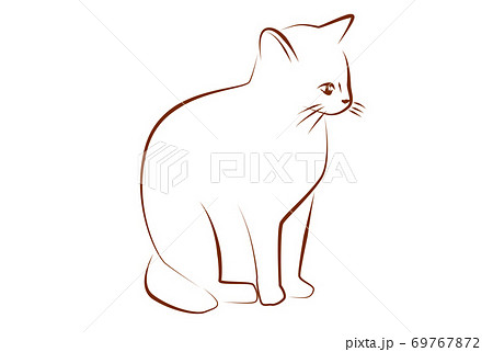 しっぽを丸めて座る猫の線画イラストのイラスト素材