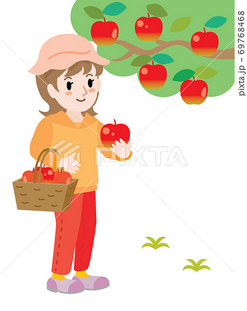 リンゴ狩りをする女性のイラスト素材