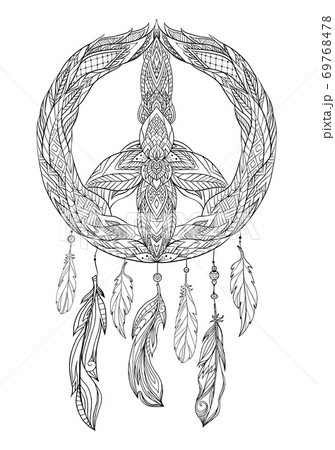 Hand drawn boho illustration of dream catcher with pacific sign and feathers. 69768478