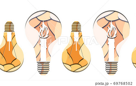 Seamless pattern of 3d Illustration of light bulb with burning candle cut from paper on white background. 69768502