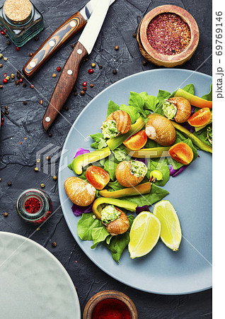 Salad with vegetables and snails 69769146
