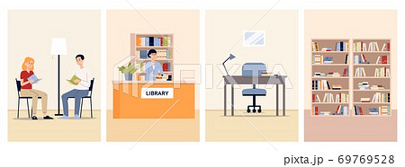 Set of vector cartoon flat illustrations of various scenes in the public library 69769528