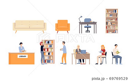 A set of isolated vector icons of various scenes in the public library 69769529