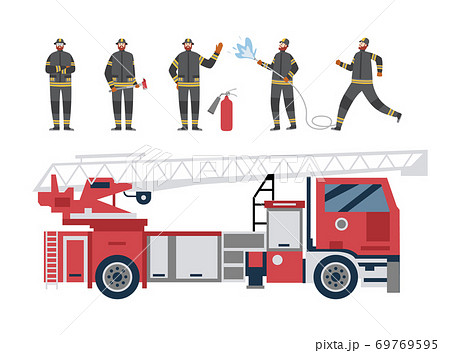 Red firetruck and firefighters, flat cartoon vector illustration isolated Red firetruck and firefighters, flat cartoon vector illustration isolated 69769595