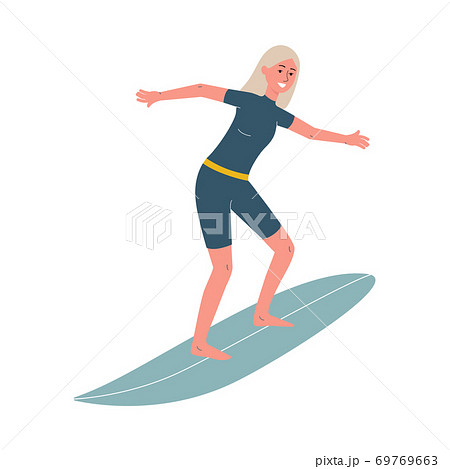 Woman cartoon character standing on surfboard flat vector illustration isolated. 69769663