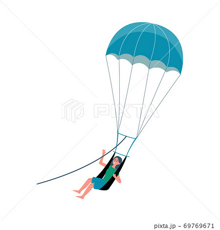 Woman character enjoying parasailing flight, flat vector illustration isolated. 69769671