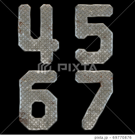 Set of numbers 4, 5, 6, 7 made of industrial metal on black background 3d 69770876