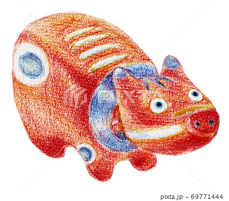 色鉛筆画　赤べこ　年賀状　右向き　イラスト6 69771444