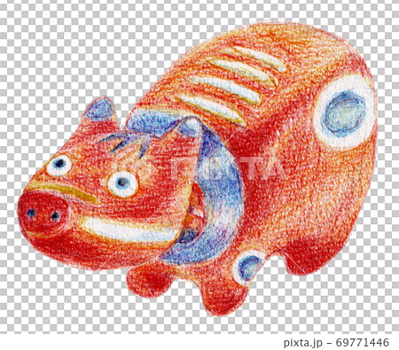 色鉛筆で手描きしたかわいい「赤べこ」　日本の福島県民芸品　年賀状に最適　左向き　牛のイラスト 69771446