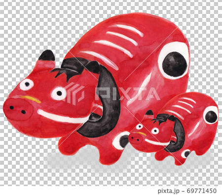 Cute watercolor hand-painted ``Akabeko'' parent and child Japanese folk art from Fukushima Prefecture Ideal for New Year's cards Left-facing side-by-side illustration of a cow Cute watercolor hand-painted ``Akabeko'' parent and child Japanese folk art from Fukushima Prefecture Ideal for New Year's cards Left-facing side-by-side illustration of a cow 69771450