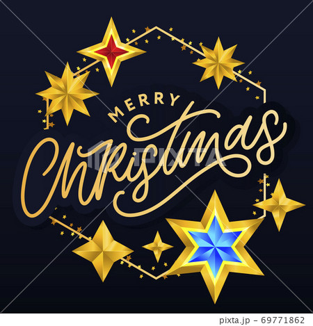 Merry Christmas card with hand drawn lettering and stars on dark background. Cute Holiday golden frame background 69771862