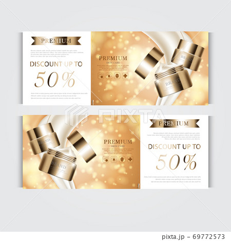 Gift voucher hydrating facial cream for annual sale or festival sale. silver and gold cream mask bottle isolated on glitter particles background. Banner graceful cosmetic ads, illustration. Gift voucher hydrating facial cream for annual sale or festival sale. silver and gold cream mask bottle isolated on glitter particles background. Banner graceful cosmetic ads, illustration. 69772573