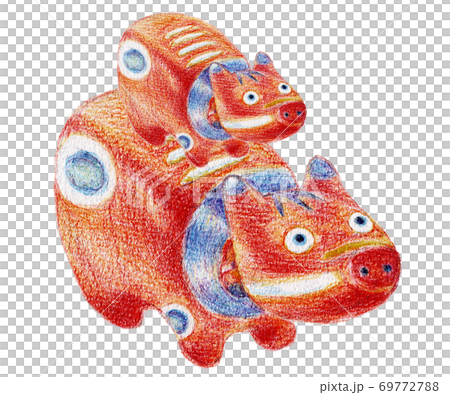 色鉛筆画 赤べこ 親子 年賀状 右向き イラスト12のイラスト素材