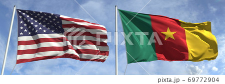 Waving flags of the USA and Cameroon on flagpoles, 3d rendering Waving flags of the USA and Cameroon on flagpoles, 3d rendering 69772904