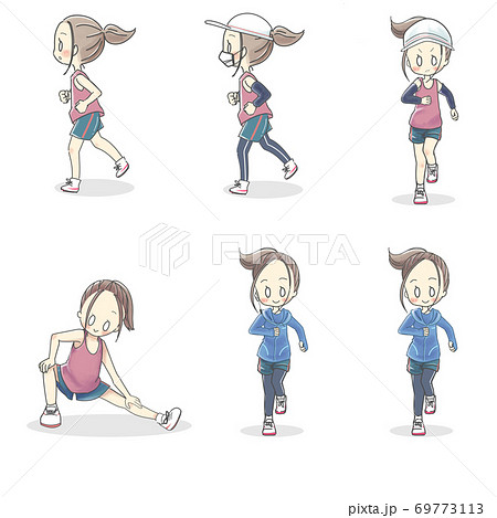 走る女性 横向き 正面 服装違いのイラスト素材