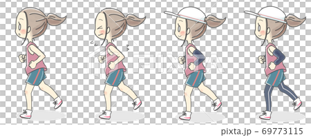 ランニングする女性の表情 服装差分集 横向きのイラスト素材