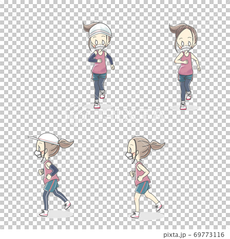 一個女人帶著面具跑步的正面和側面 一個女人帶著面具跑步的正面和側面 69773116