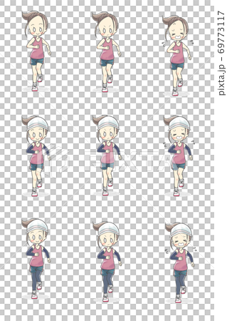 收集跑步婦女的衣服和麵部表情(正面) 收集跑步婦女的衣服和麵部表情(正面) 69773117