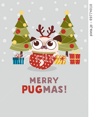 パグキャラクターのクリスマスカードデザインのイラスト素材