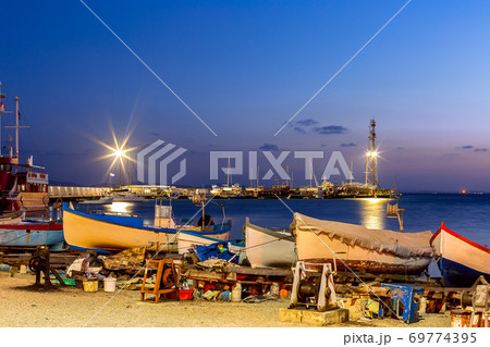 Pomorie, Bulgaria boats panorama, blue hour 69774395
