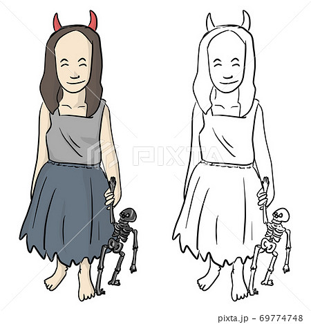 smiling little girl with red horns holding small skeleton doll in holloween festival vector illustration sketch doodle hand drawn with black lines isolated on white background smiling little girl with red horns holding small skeleton doll in holloween festival vector illustration sketch doodle hand drawn with black lines isolated on white background 69774748