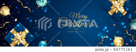 Merry Christmas and Happy New Year. Xmas background with poinsettia, Snowflakes, star and balls design. 69775161