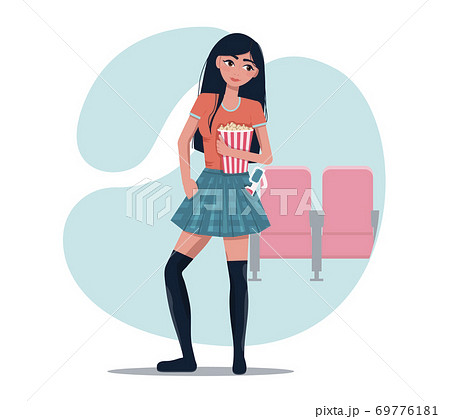 A girl in a movie theater with popcorn and stereo glasses. Young beautiful girl with long dark hair in a stylish plaid skirt on the background of movie chairs. Flat isolated drawing for a website, app 69776181