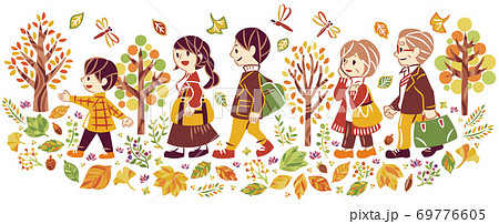 秋の紅葉の風景のなか旅行を楽しむ三世代家族のイラスト素材